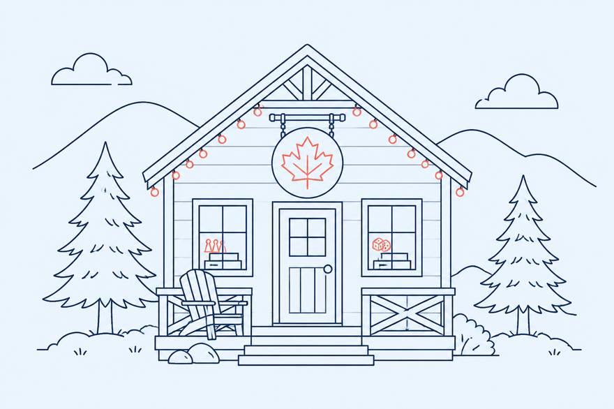 Monoline illustration of a cosy lodge with a maple leaf sign, string lights and pine trees