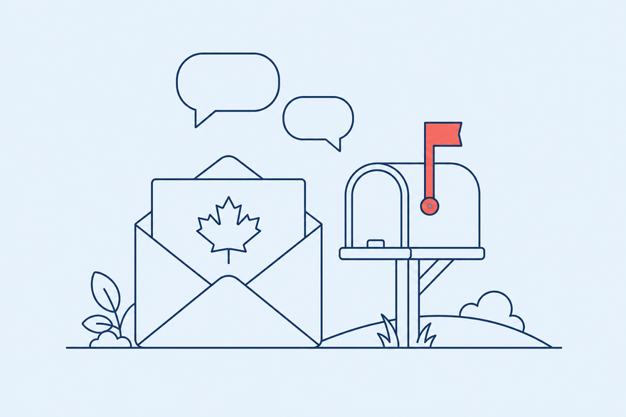 Monoline illustration of an open envelope with a maple leaf letter beside a rural mailbox