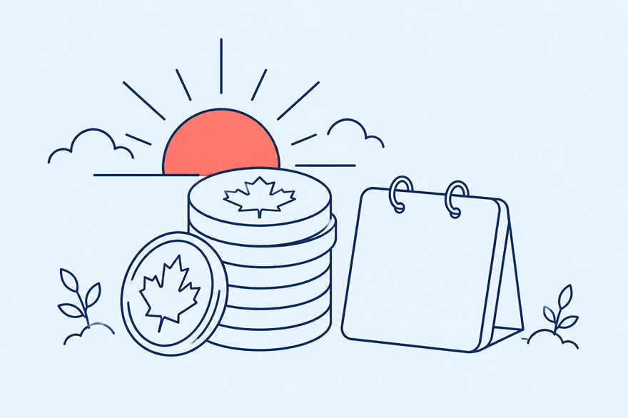 Monoline illustration of a stack of maple-leaf tokens beside a calendar, with the sun rising behind
