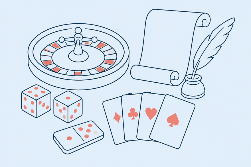 Monoline illustration of a roulette wheel, antique dice, a domino, fanned cards, a quill and a parchment scroll