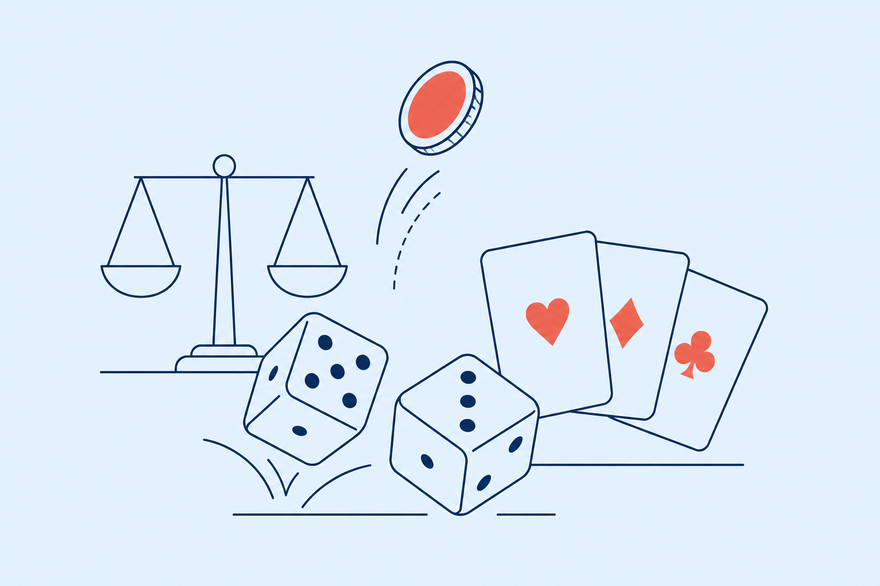Monoline illustration of tumbling dice, fanned playing cards, a flipping coin and a balance scale