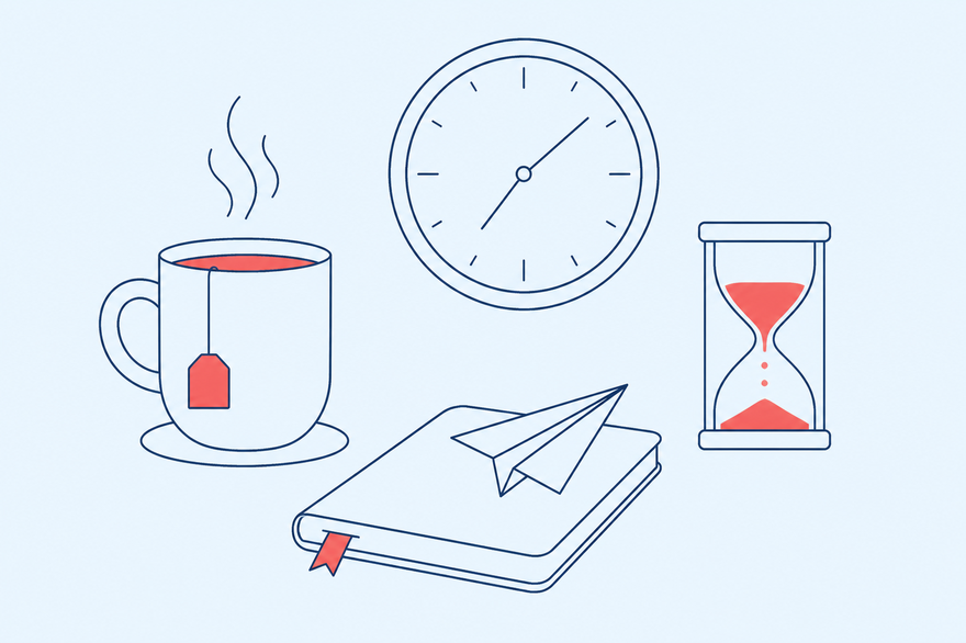 Monoline illustration of a mug of tea, a wall clock, an hourglass and a notebook with a paper plane