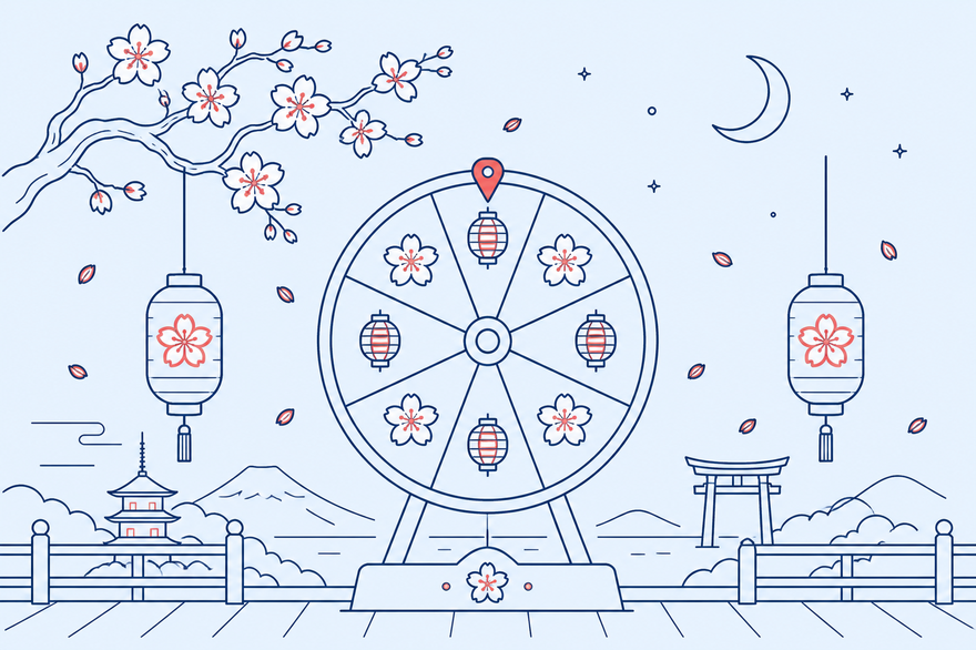 Monoline illustration of a prize wheel under cherry blossoms and paper lanterns