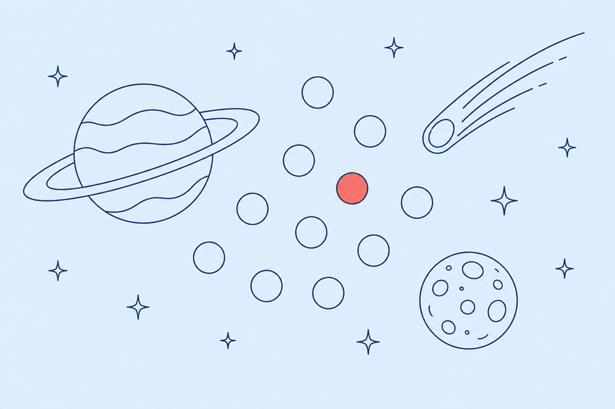 Monoline illustration of planets, a comet and a cluster of floating numbered orbs
