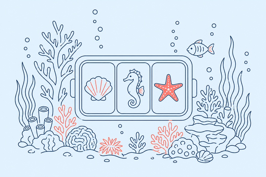 Monoline illustration of slot reels framed by corals, kelp and bubbles